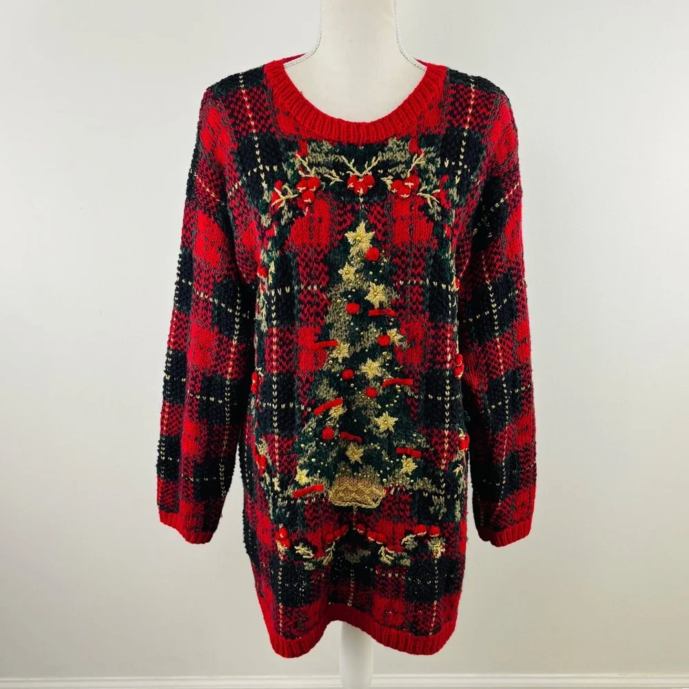 Vtg Handknit Metropolitan Red Plaid Christmas Tree Embellished Sweater Dress L